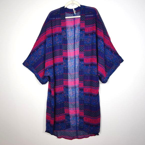 Wallflower Sweaters - Wallflower Floral Patchwork Chiffon Sheer Kimono Blue Pink Sheer Boho L